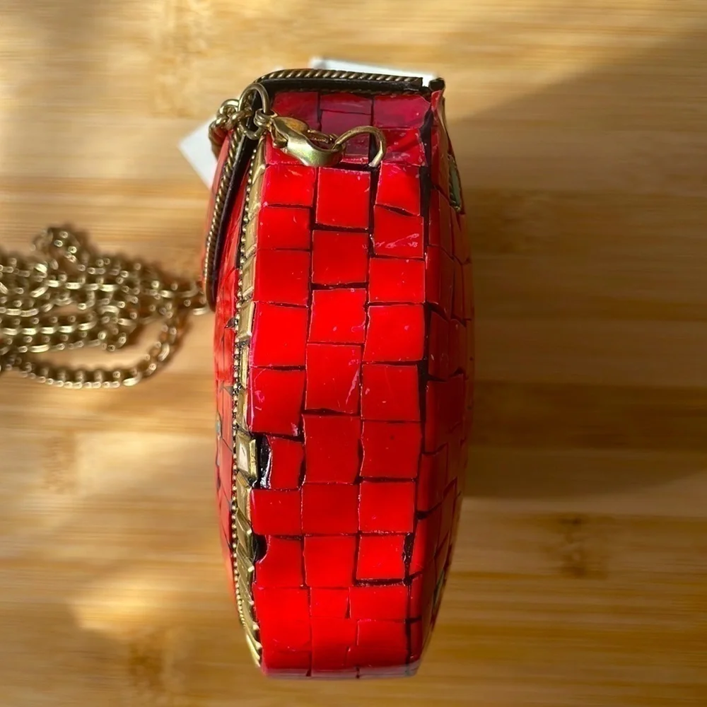 Brand New Antik Kraft Handcrafted India Small Metal Clutch Red Berry Chain Purse